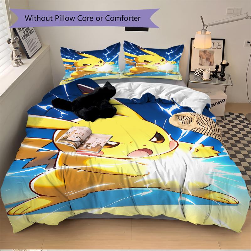 3Pcs Pikachu'S Electric Burst Bedding Set Quilt Cover Pillowcase Home Christmas Xmas Halloween Gift 1 Duvet Cover 2 Pillowcase M92964