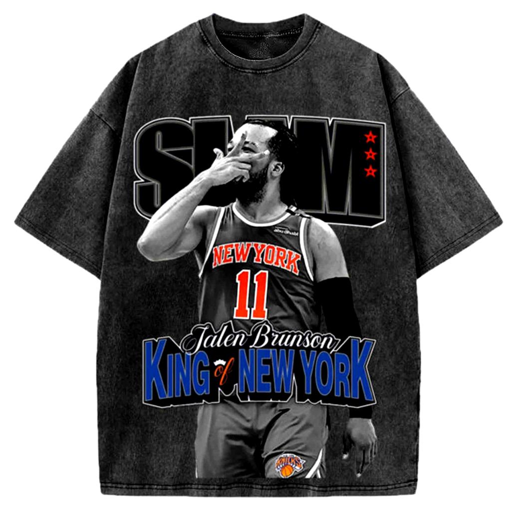King Of New York Jalen Brunson Vintage Washed Tshirt Men Women Summer Cotton Clothing Round Neck Short Sleeved Shirt Streetwear