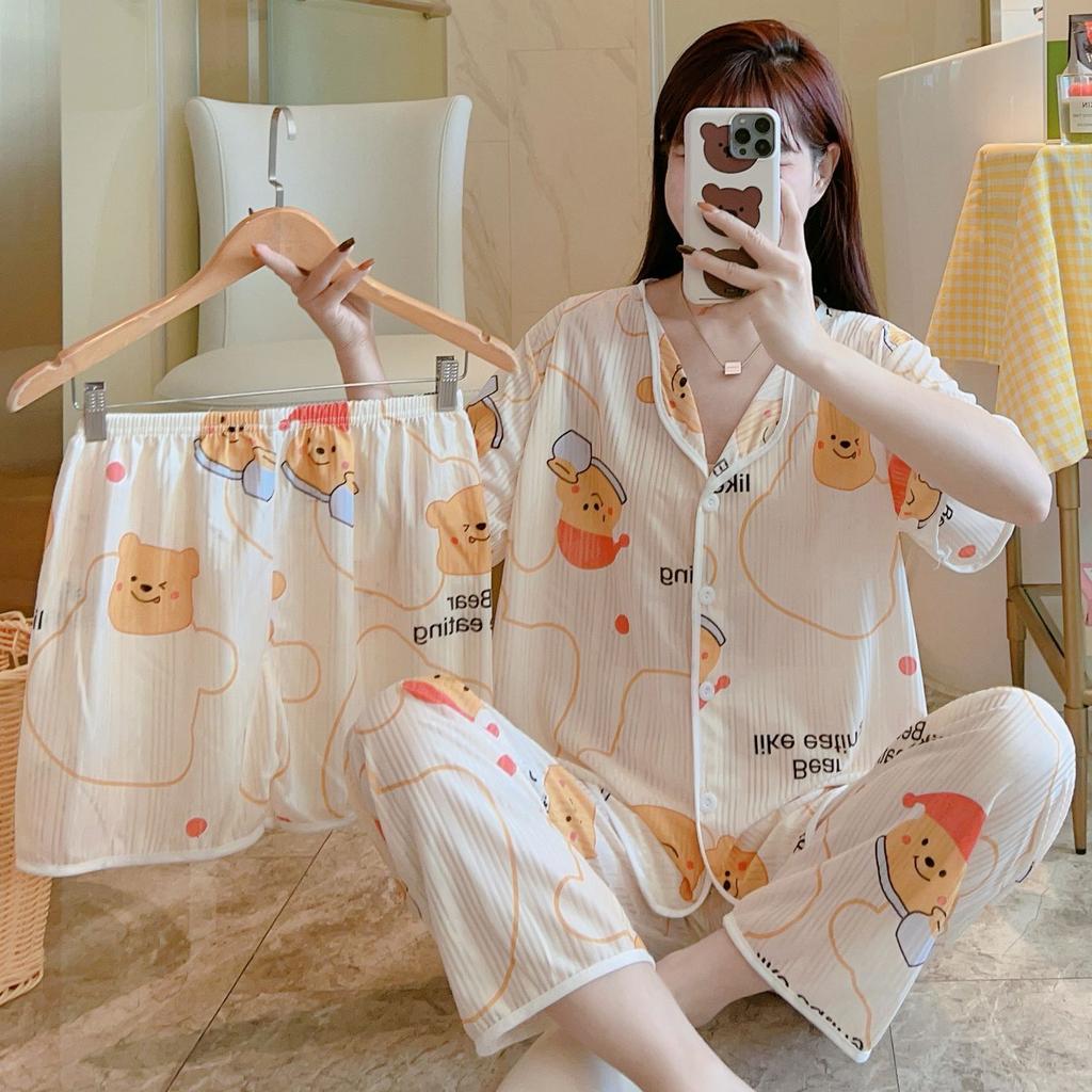 Short-Sleeved Pajamas Three-Piece Korean Version Of Sweet And Cute Cardigan Women'S Loungewear