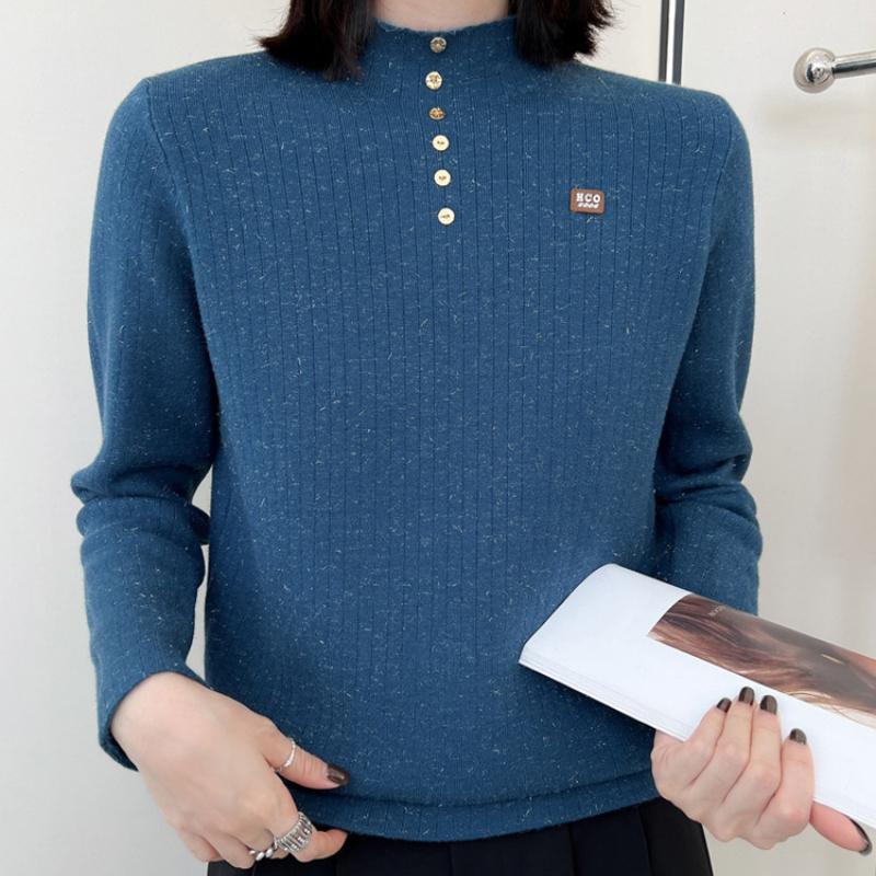 IHUASU Thickened One-piece Velvet Button Jumper Women's Autumn and Winter Half-high Neck Warm Knitted Bottoming Shirt with A Hundred Tops