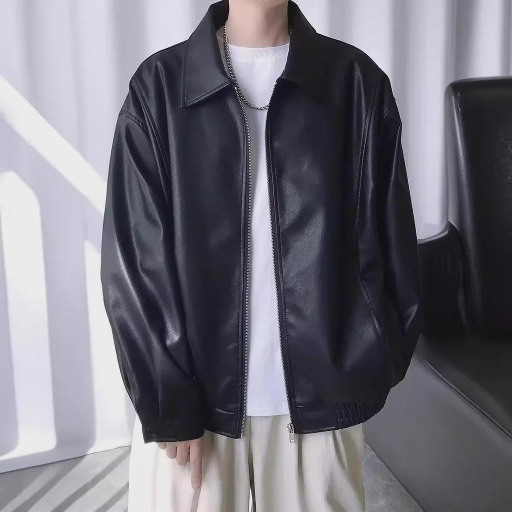 Мужская осенняя куртка из искусственной кожи с узкими лацканами для мотоцикла - модный красивый дизайн