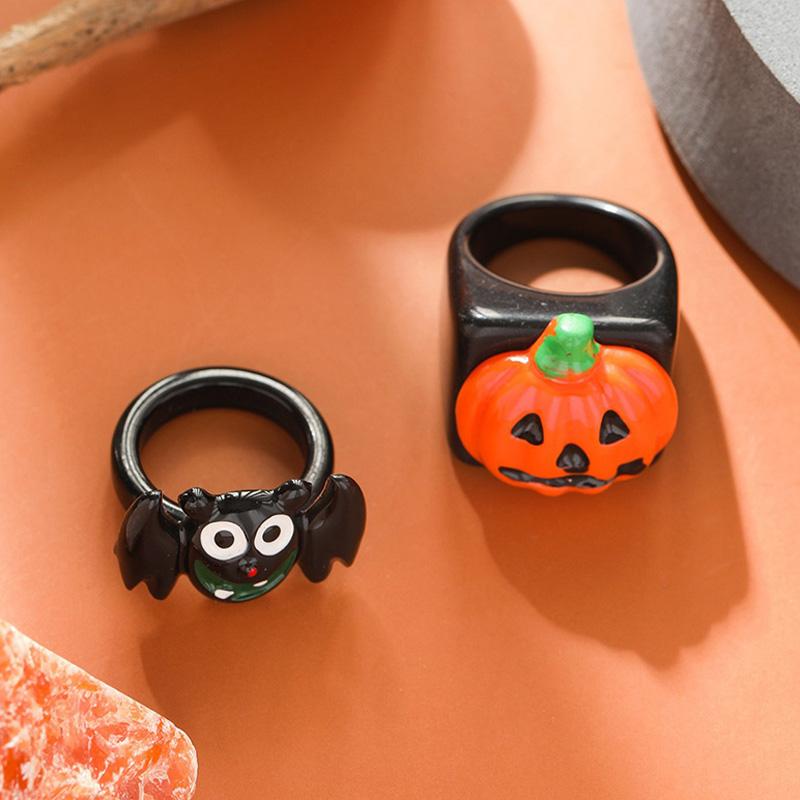 2 PCS Halloween Ring Set Cartoon Pumpkin Bat Index Finger Rings Trendy Funny Party Jewelry Couple Hip-Hop Personalized Accessory
