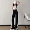Женские брюки, черные шелковые брюки с высокой талией, широкие брюки, прямые повседневные брюки, полосатые спортивные штаны большого размера