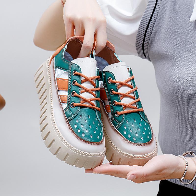 Дышащие белые туфли с низким берцем для женщин, новые летние туфли с большой головкой, повседневные кроссовки на толстой подошве