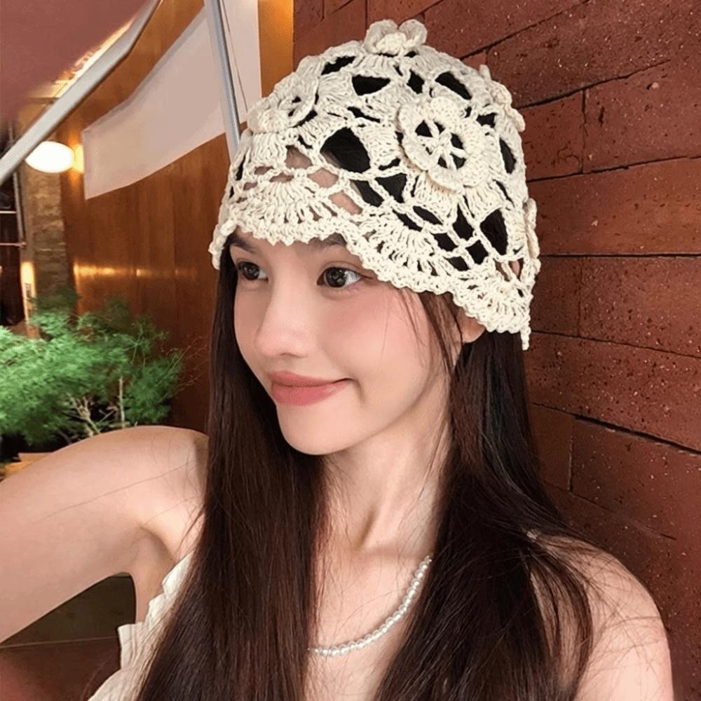Handmade Crochet Flower Knitted Hat Bohemian Style Woven Cap Sweet Hollowed Out Beanie Cap Girls