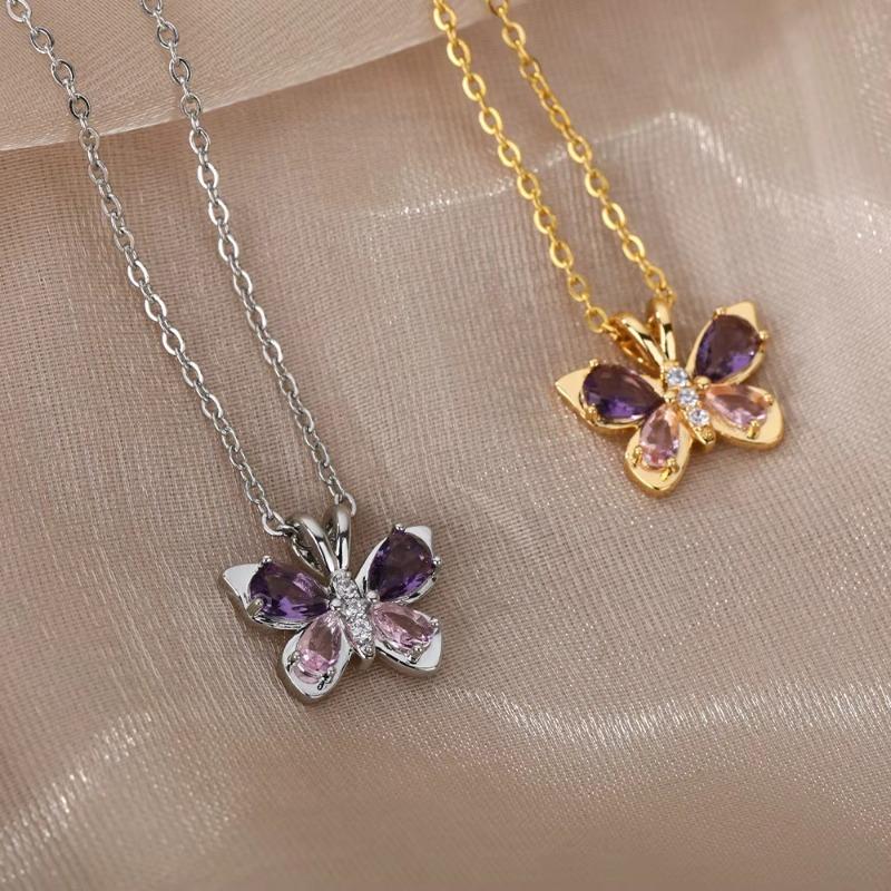 Pink Zircon Butterfly Necklace Female Versatile High Sense Light Luxury Temperament Titanium Steel Amethyst Collarbone Chain