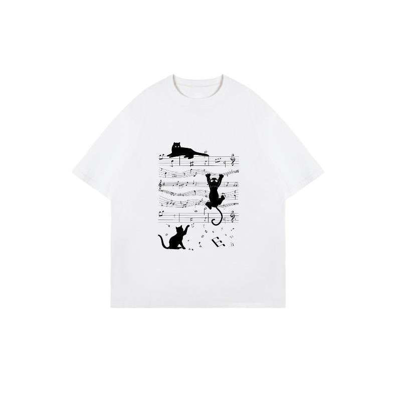 Футболка оверсайз с принтом черного кота и нот, повседневный топ свободного кроя для женщин, летняя уличная мода