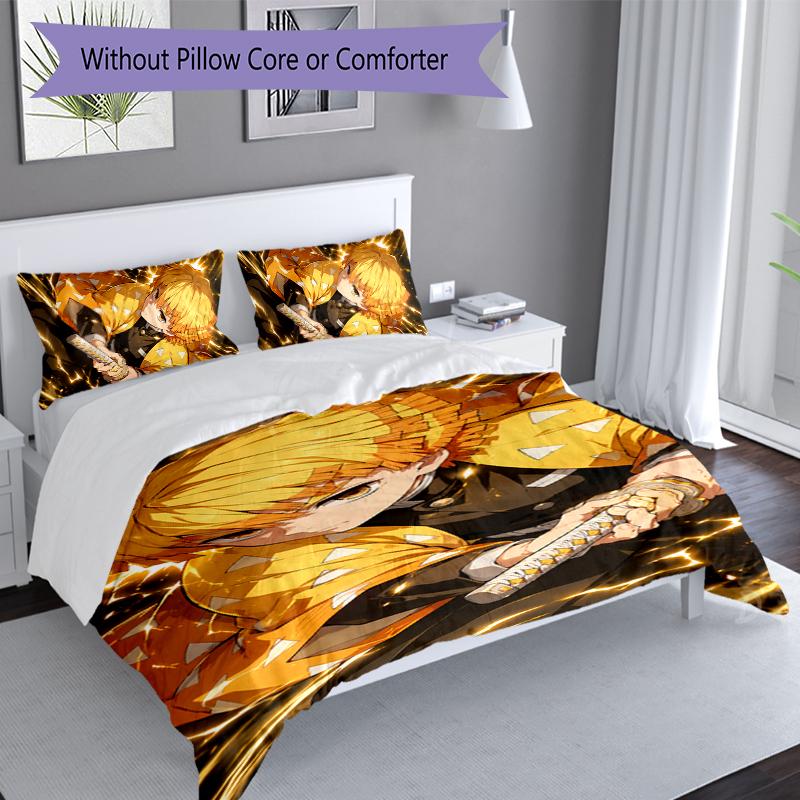 3pcs Nezuko Demon Slayer Agatsuma Zenitsu Duvet Cover Set, Includes 1 Duvet Cover and 2 Pillowcases,Skin-Friendly&Comfortable Fabric,Suitable Bedding