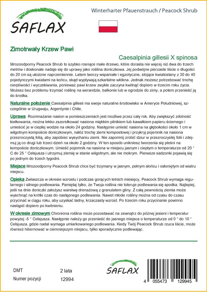 SAFLAX Подарочный набор - Куст павлина - 10 семян - С подарочной коробкой, карточкой, этикеткой и субстратом для горшков - Caesalpinia gillesii