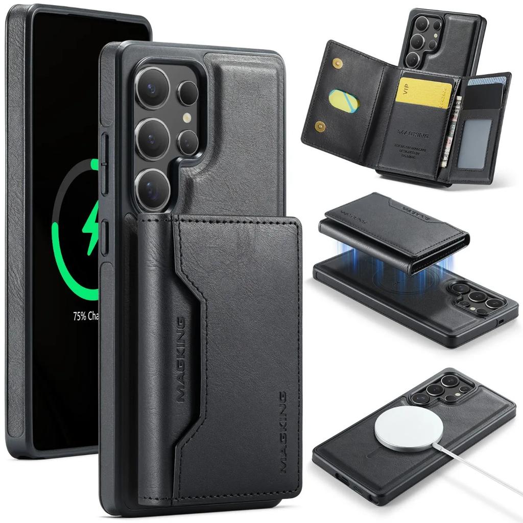Чехол-кошелек с магнитными картами 2 в 1 для Samsung Galaxy S25 S23 Ultra S24 Plus для беспроводной зарядки MagSafe из искусственной кожи