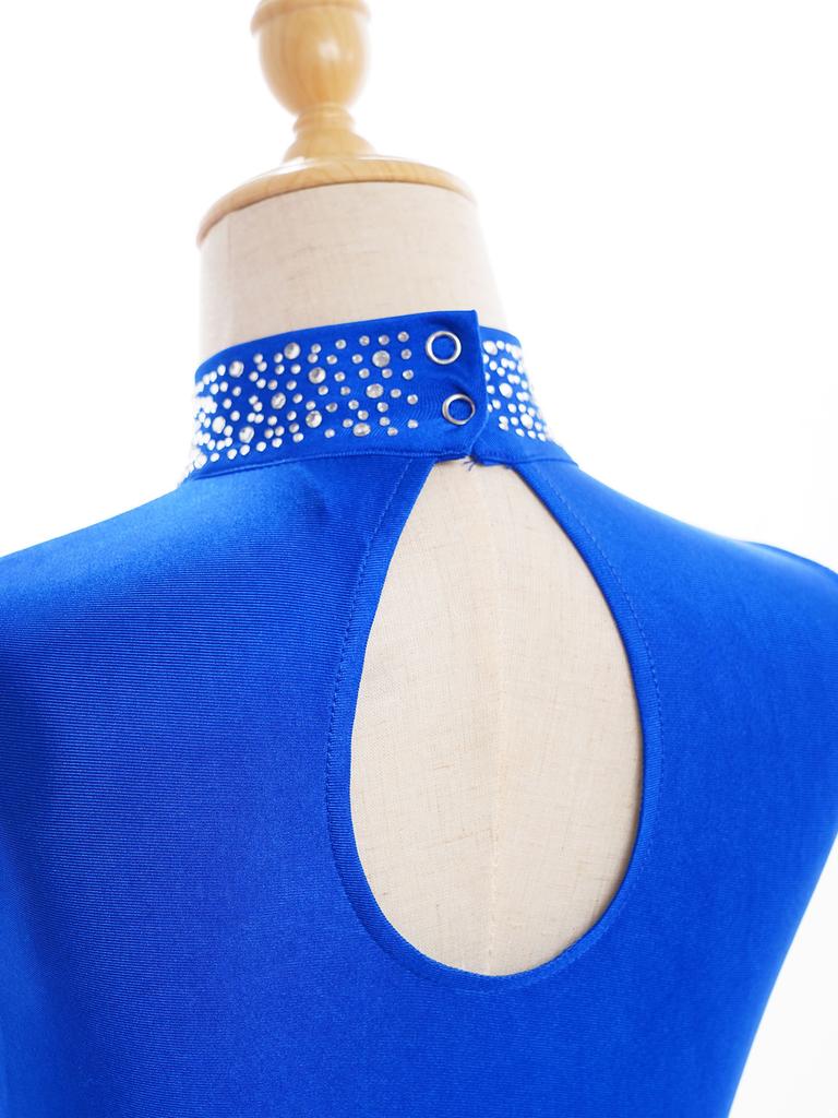 Укороченный топ для девочек Lyrical Dance с воротником-стойкой, без рукавов, вырез-замочная скважина сзади, отделка стразами для современных выступлений