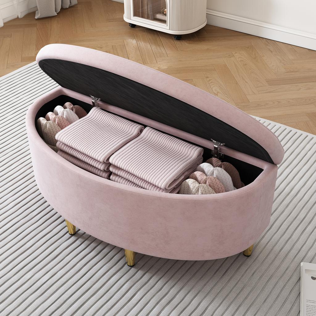 Upholstered Bench, with Velvet Storage Box, Footstool with Metal Legs, Suitable for Hallway, Living Room, Bedroom, 90 x 40 x 42 cm, Pink