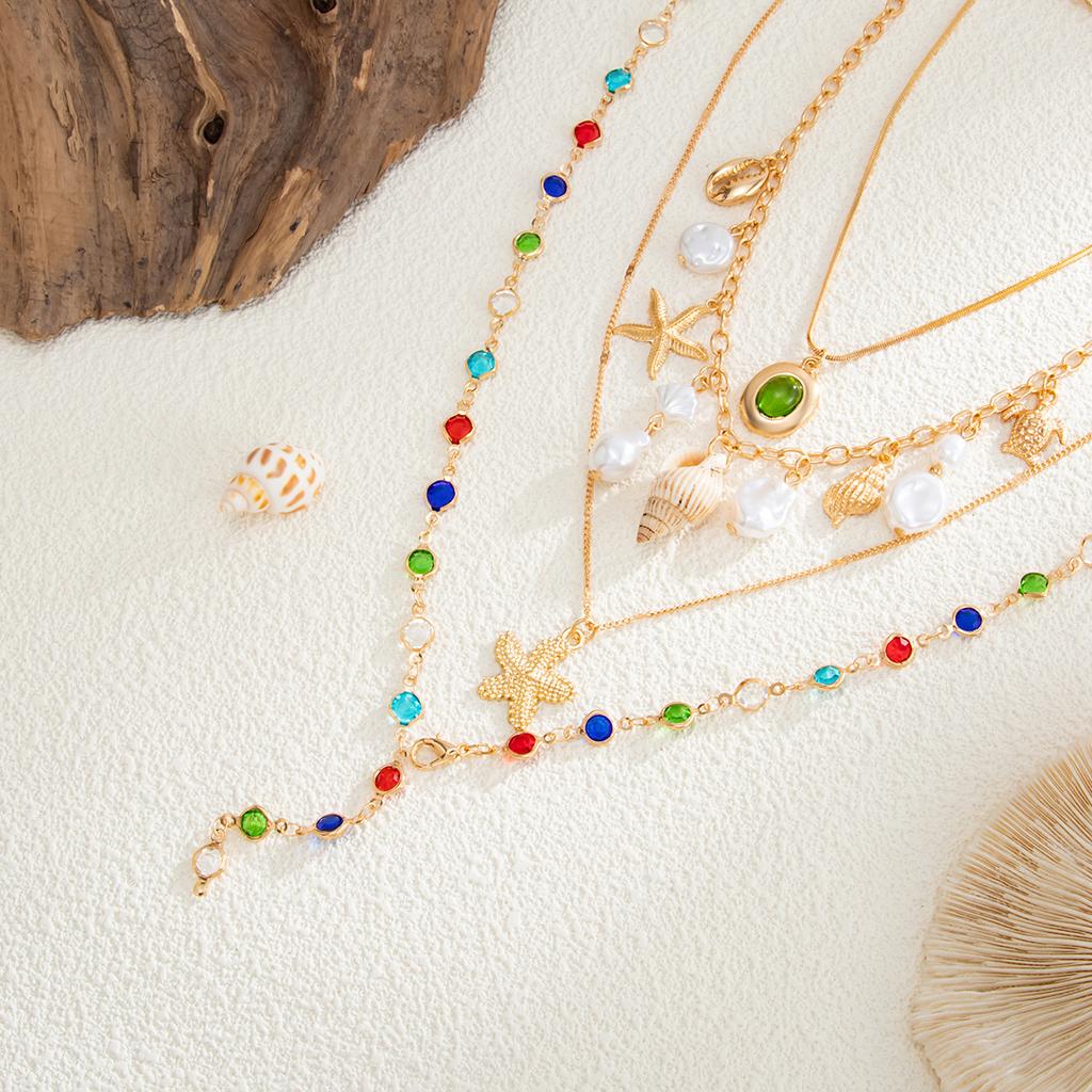 Bohemian Starfish Shell Layered Necklace for Women Colorful Rhinestone Y-drop Pearl Metal Choker Beach Party Aesthetic Zircon