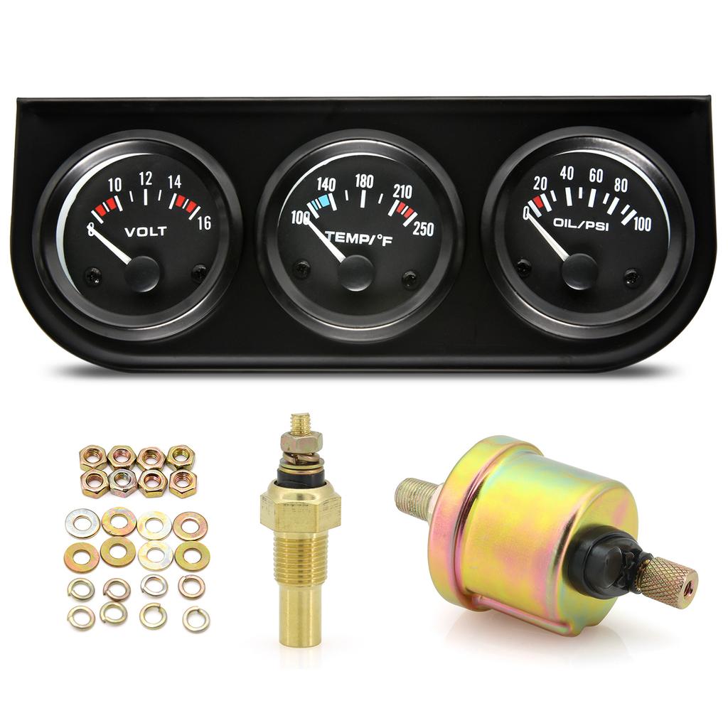 52mm Triple gauge 3 in 1 Volt Meter + 100-250℉ water Temp Gauge+0-100psi Oil Pressure Gauge & Oil Temperature Gauge With Sensor