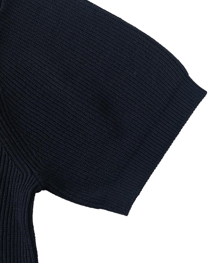 ANALOG MOOD Hacci Button-Up Collar Short Sleeve Knit (Navy)