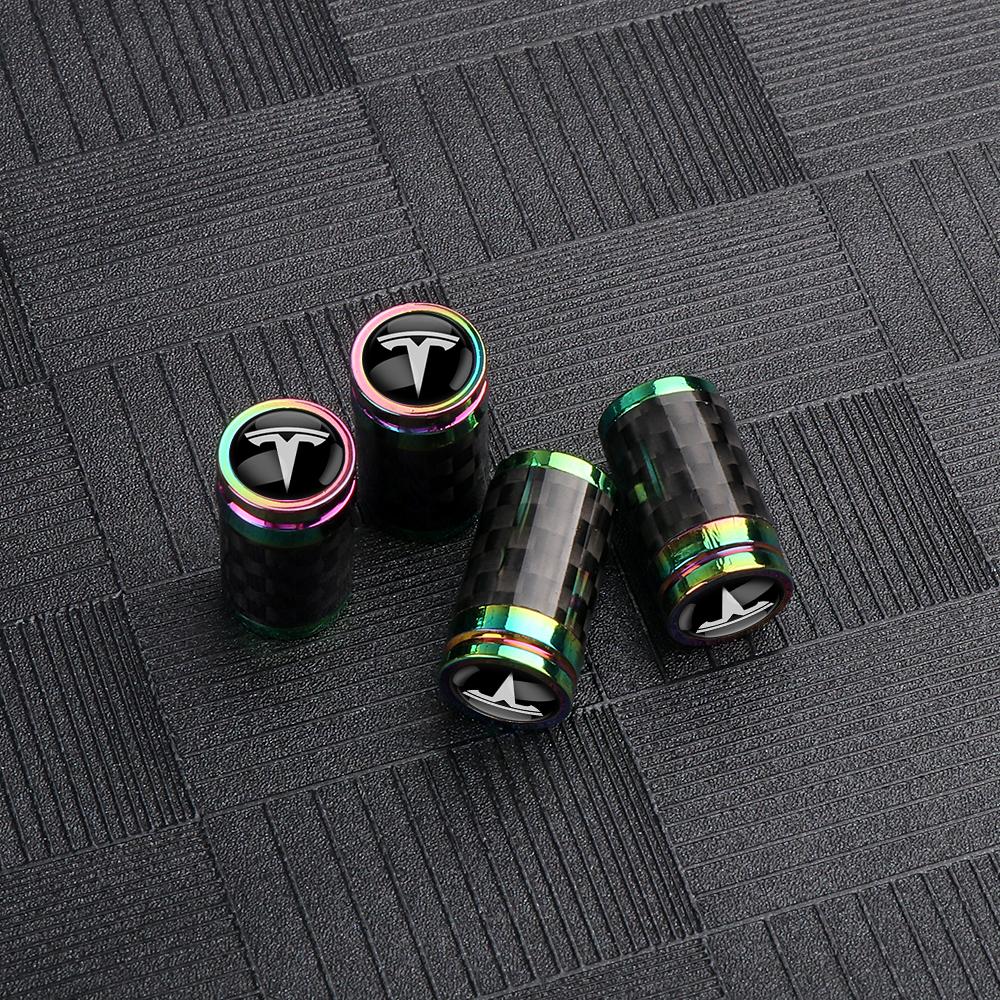 CRCUD1 4Pcs Car Carbon Fiber Wheel Tire Valve Caps Stem Case For Tesla Model 3 Model S X Roadster SpaceX Cybertruck Coil Mod Model Y