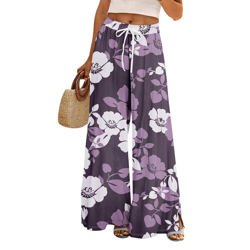 Женские летние брюки-палаццо в стиле бохо с высокой талией, широкие повседневные брюки с цветочным принтом и карманами