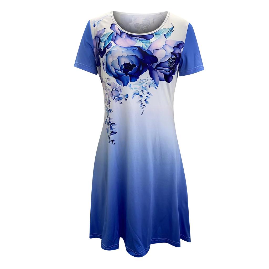 Women's Fashion Flower Print Large Size Short Sleeve  Length Dress Women's