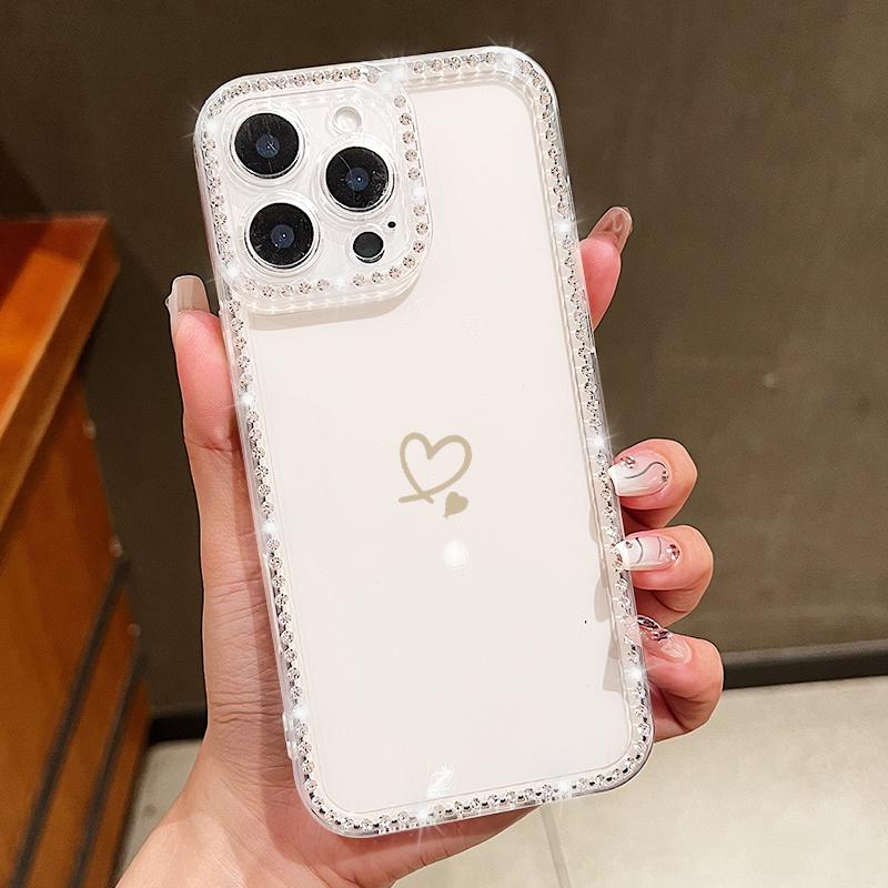 Для iPhone 16 Pro Max 16E 15 Pro 14 13 12 11 Чехол-накладка Бриллиантовая рамка Узор 'Сердце' Противоударный Мягкий Силиконовый Прозрачный Защита от падений Чехол для телефона