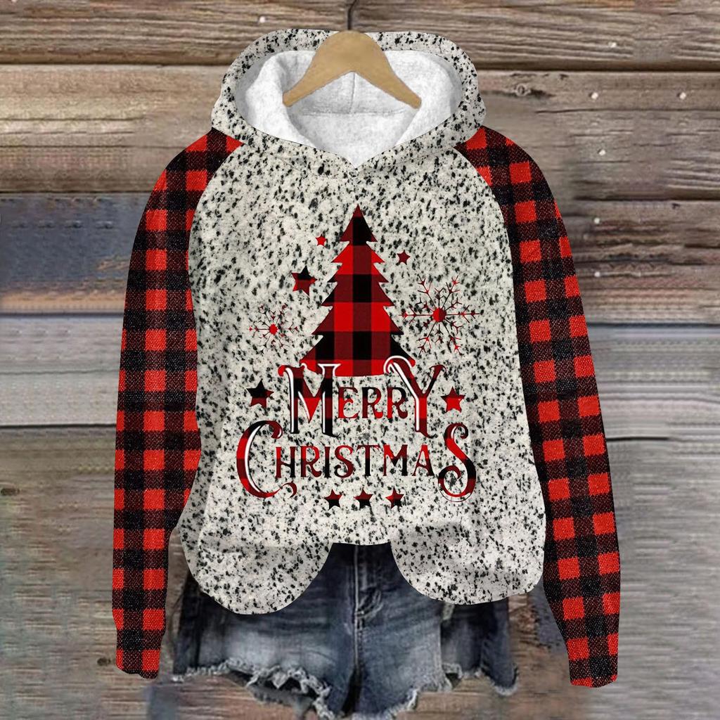 Women's Fashion Pullover Plunging Sleeve Christmas Printed Hooded Sweatshirt