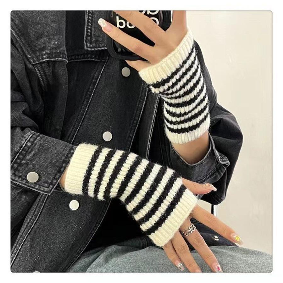 Color Blocked Thin Strip Gloves for Women Autumn and Winter Knitted Wool Sleeves Warm and Cold Proof Fashionable Fingerless Arm Sleeves