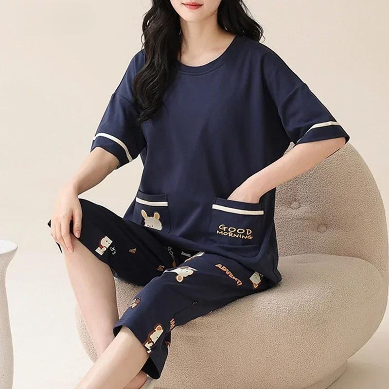 Летние пижамы-капри для женщин, повседневные пижамные комплекты с мультяшными лацканами, милая пижама для девочек из мягкого хлопка