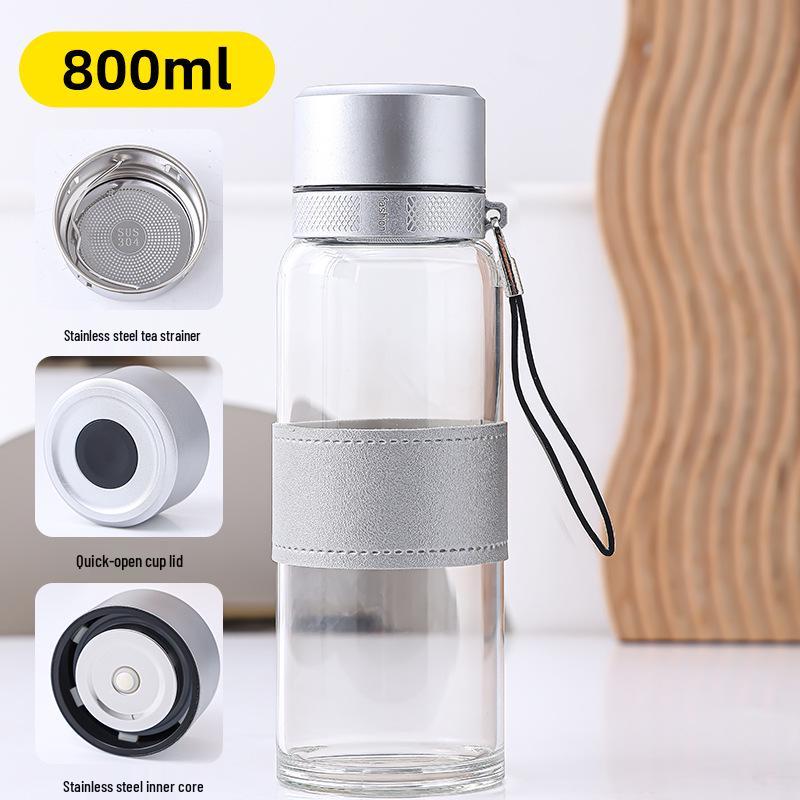Portable Glass Water Bottle with Lanyard - Quick Open, Tea Separator, High-Capacity Borosilicate Glass
