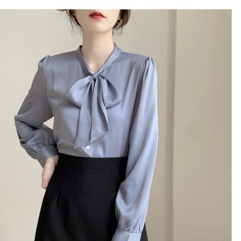 Модная элегантная женская рубашка с длинным рукавом и галстуком-бабочкой, весна-осень, свободная повседневная простая блузка больших размеров для офиса, женская одежда 2024 года, новая однотонная одежда 2585