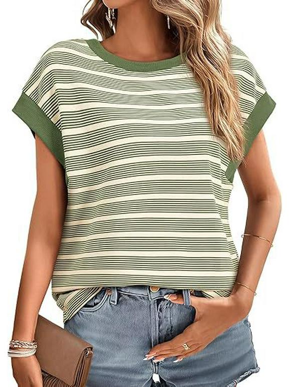 2025 Женская летняя трикотажная футболка свободного кроя в полоску, европейский и американский стиль, круглый вырез.