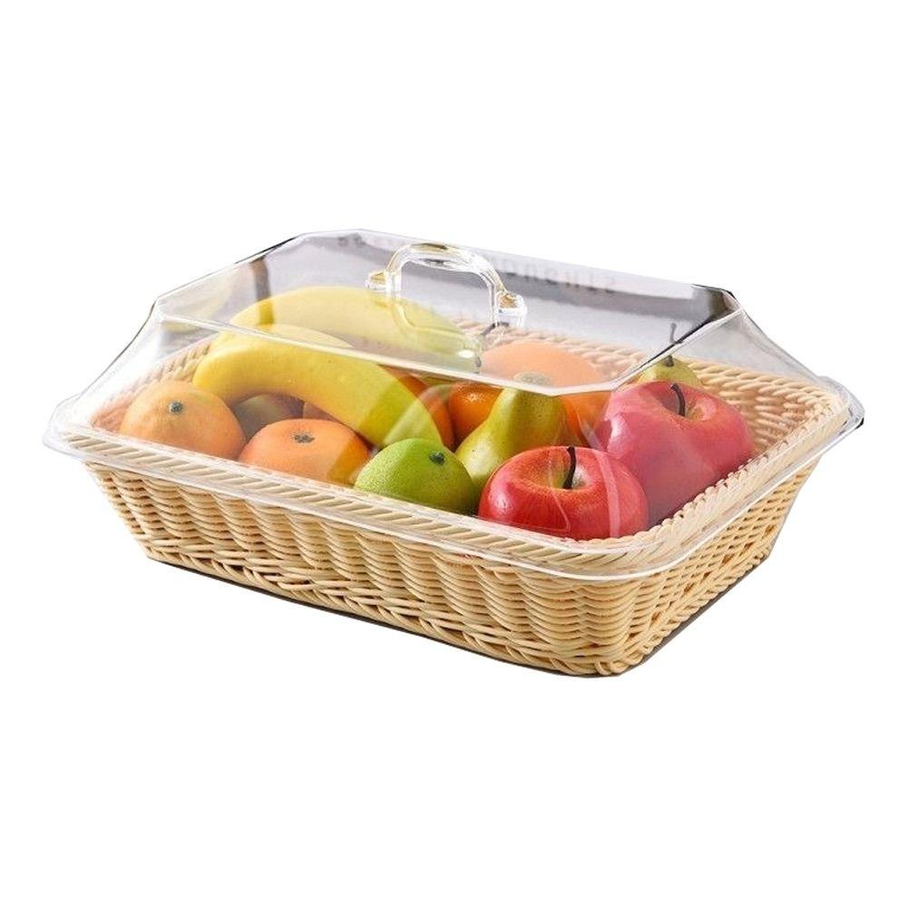 1Pcs Imitation Rattan Woven Basket Lid Transparent Vegetable Bread Serving Food Serving Basket Tabletop with Acrylic Lid