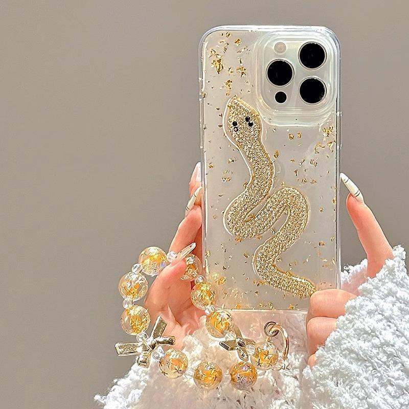 Капельный клей Прозрачный 3D-чехол с блестками из золотой фольги в виде змеи для iPhone 16, 15, 14 Plus, 13, 12, 11 Pro Max, блестящий чехол со стразами