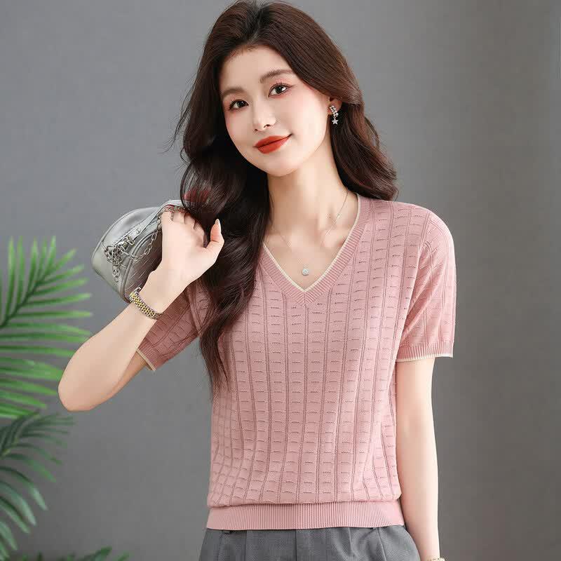 SNOWFLYING Women's V-Neck Color-Block Lyocell Silk Blend Knit Tee