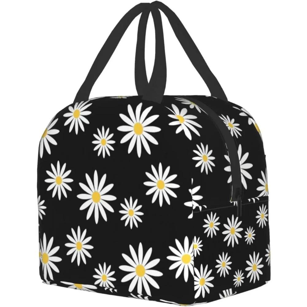 Черная сумка для ланча с цветком ромашки, маленькая термоизолированная коробка для ланча с передним карманом, кавайные сумки для ланча для девочек и мальчиков, замораживаемая коробка бенто