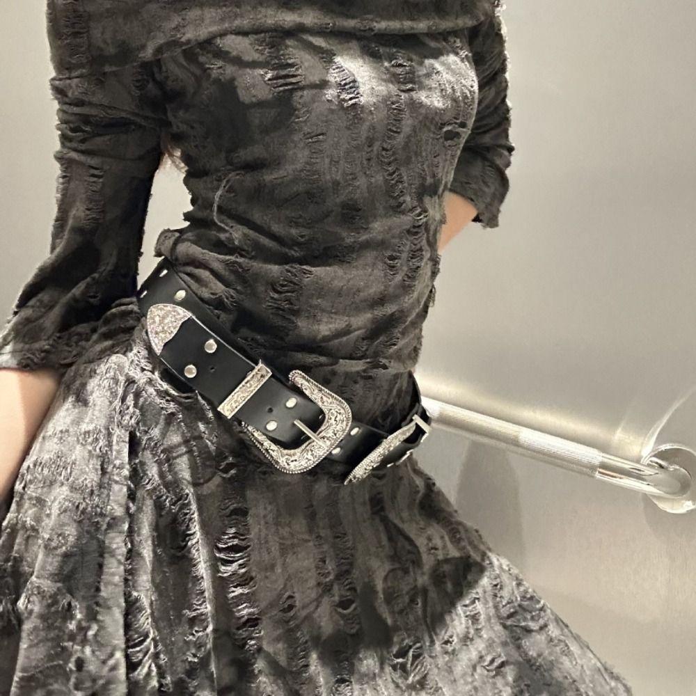 Vintage Women's Rivet Belt Black Dress Jeans Belt Fashionable Leather Waist Belt Streetwear