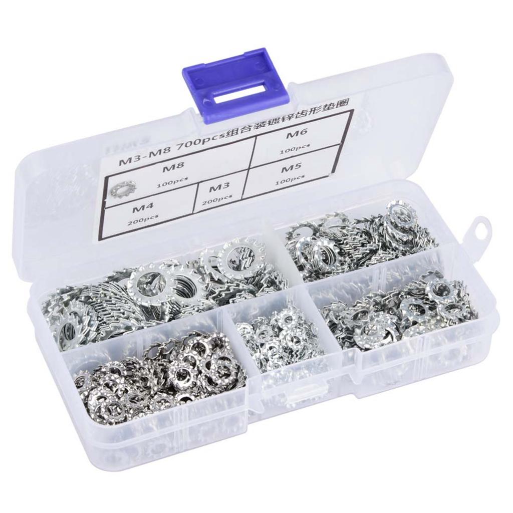 700pcs Galvanized Serrated Toothed Lock Washer Flat Set Fastening Tool M3M4M5M6M8