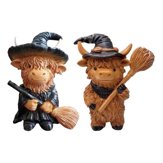 2Pcs Halloween Highland Cow Resin Figurine Wizard Hat Pumpkin Broom