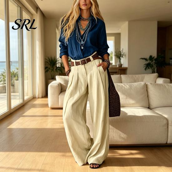 Casual Matching Sets Women Two Piece Set for Fall, V Neck Collared Shirt Long Sleeves Trousers & Wide Leg Pants, Loose Fit Autumn Outfits Suit