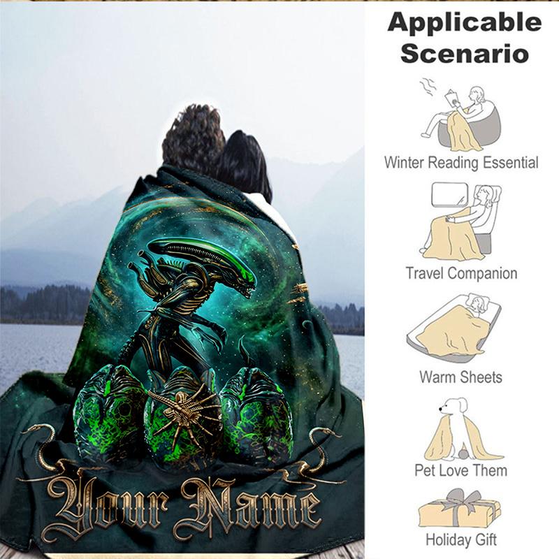 1PC Custom Name Blanket Alien Ornate Frame Flannel blankets Patterns Throw Blanket All-Season Soft Gift for Couch, Bed, Camping, Birthday gifts