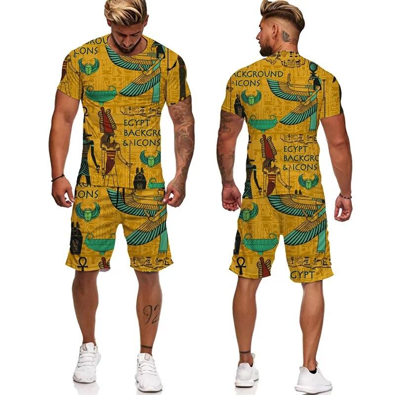 Мужская спортивная одежда из двух предметов, древнеегипетская футболка с 3D принтом, шорты фараона, уличная одежда для пар, летняя новинка