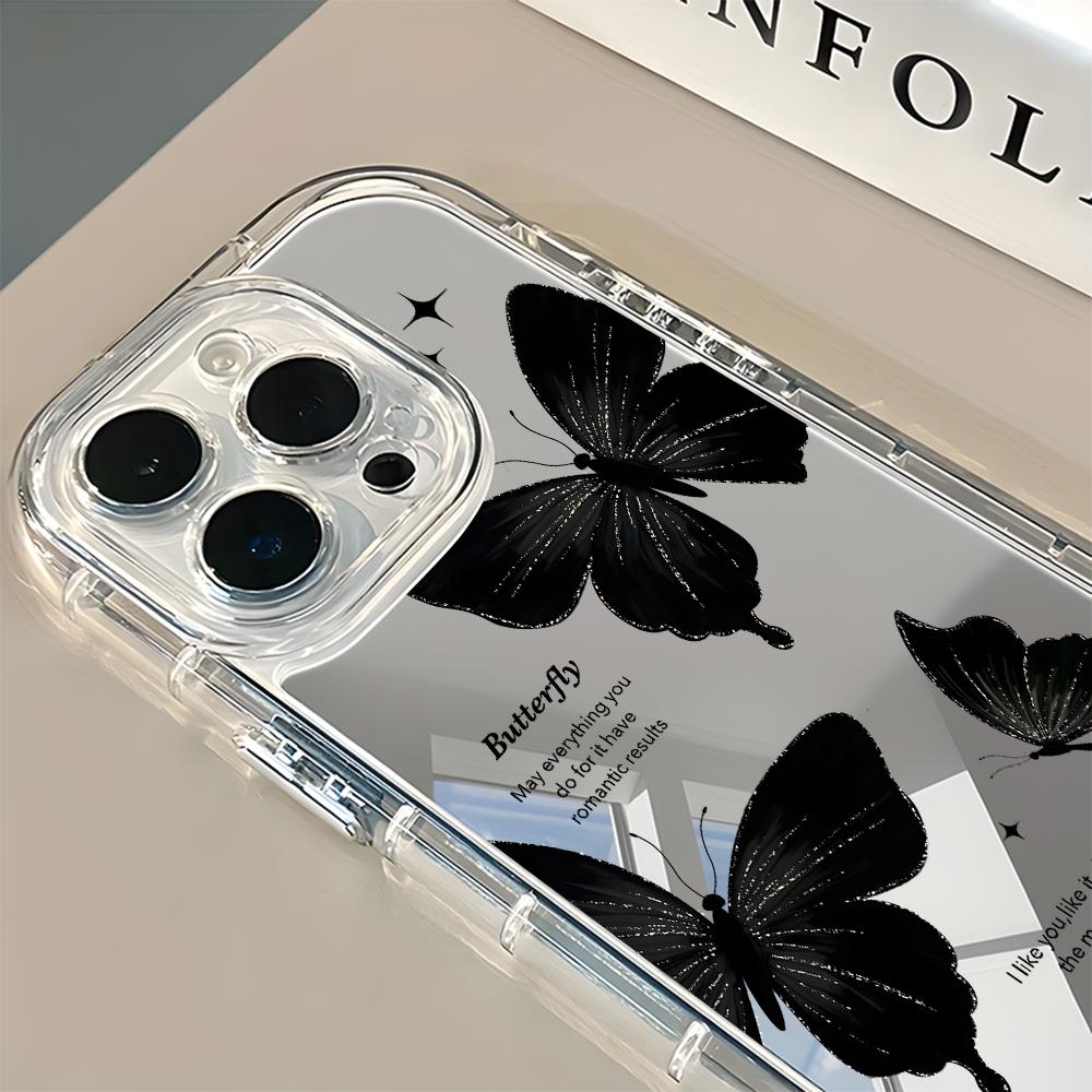 Vintage Black Glitter Butterfly Back Mirror Phone Case For iPhone 17 16 15 Pro Max 14 13 12 11 7 8 Plus X XR XS Air Soft Cover