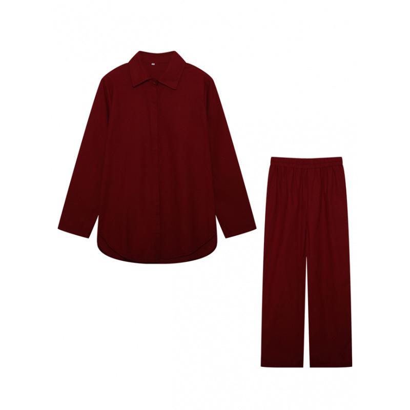 2023 Women's Casual Two-Piece Suit: Lapel Long-Sleeve Shirt & Wide-Leg Pants for Spring & Autumn