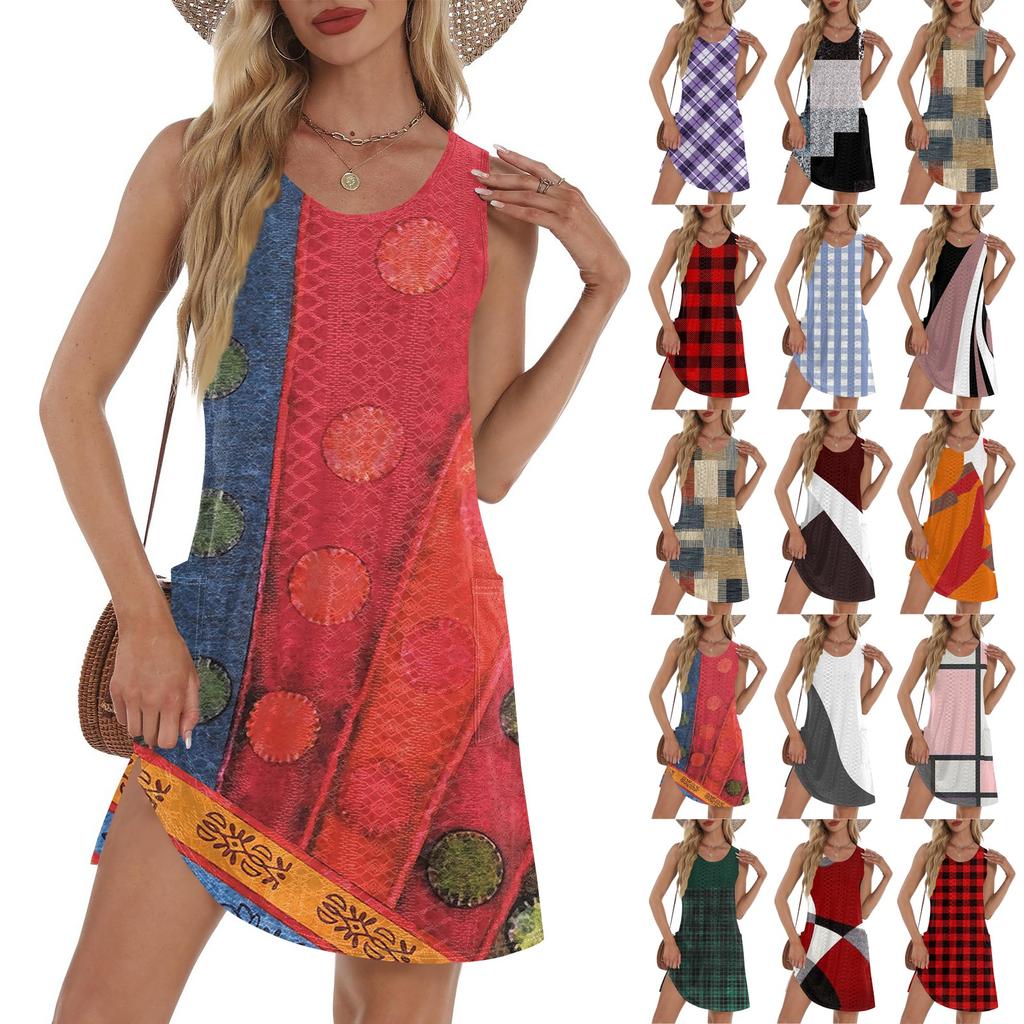 Women's Casual Sundress With Pockets Summer Boho Beach Dress T-Shirts Dress V Neck Loose Tank Dresses
