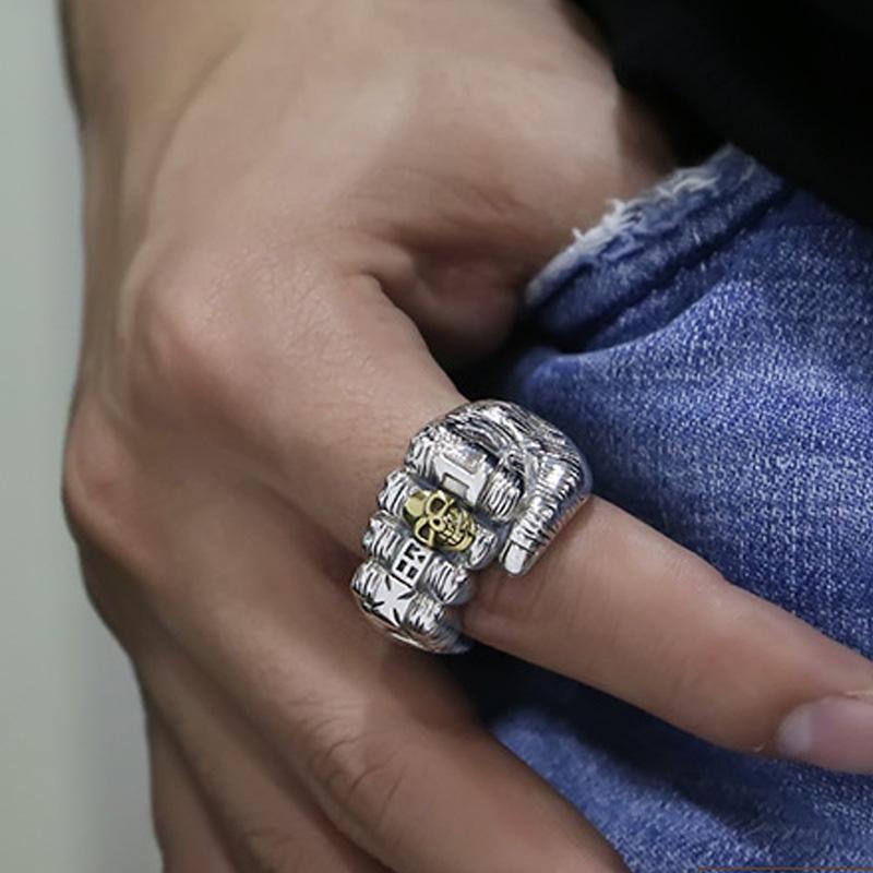Ретро Золотое Кольцо в виде Кулака Черепа для Мужчин Панк Готика Рок Хип-хоп Открытое Кольцо Ручной Работы Унисекс Циркон Байкерские Аксессуары Подарок для Влюбленных