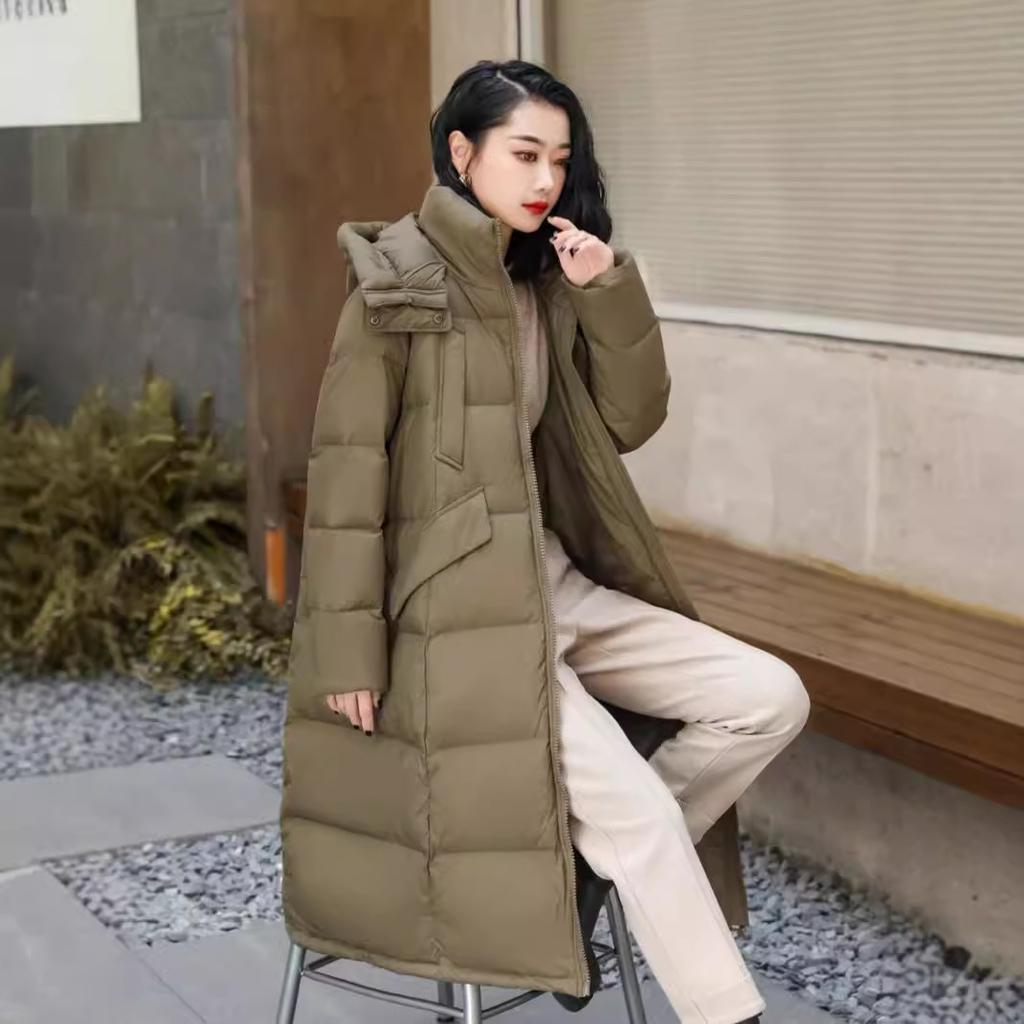 Premium down jacket women's winter new thickened hooded big quilt white duck down knee long loose foreign style coat