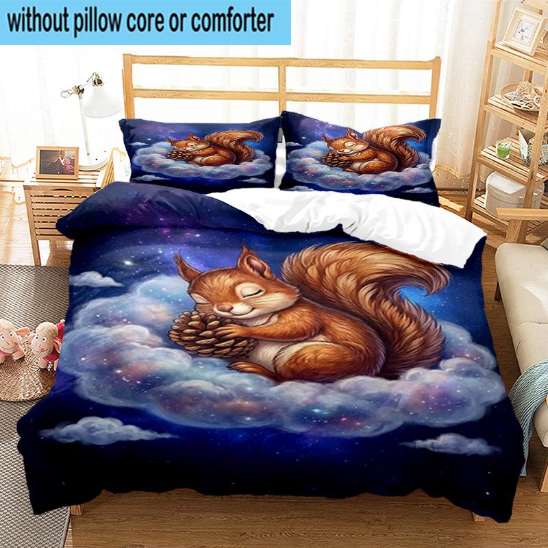 Squirrel Dreams Under Moonlight 3pcs Bedding,Including 1pc Duvet Cover And 2pcs Pillowcases Perfect for Christmas,Ideal for Bedroom, Dormitory