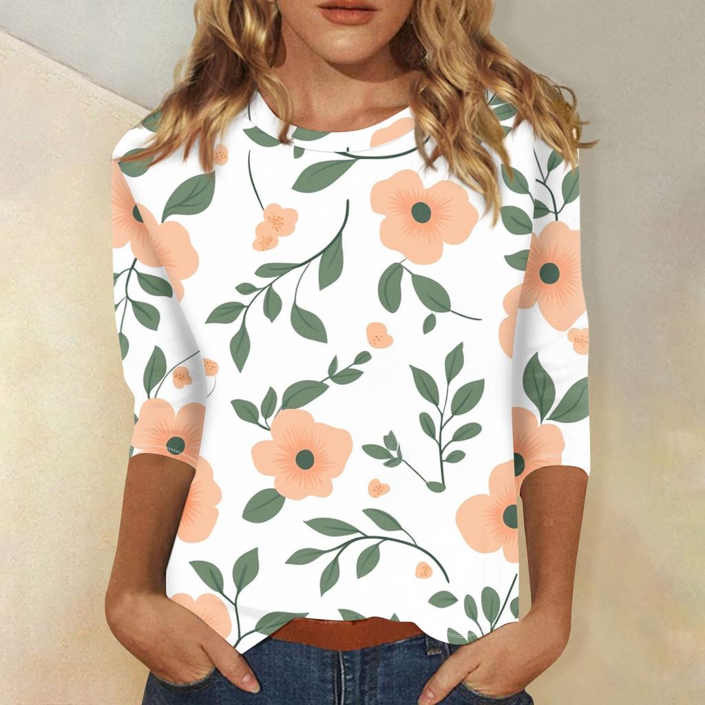 Женская модная повседневная футболка с круглым вырезом и принтом 3/4