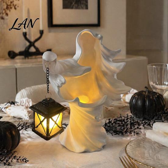 Decorative Lighting for Weddings Halloween Ghost Messenger Resin Figurine, Witch Statue with Lantern, Waterproof Indoor Outdoor Thanksgiving Christmas