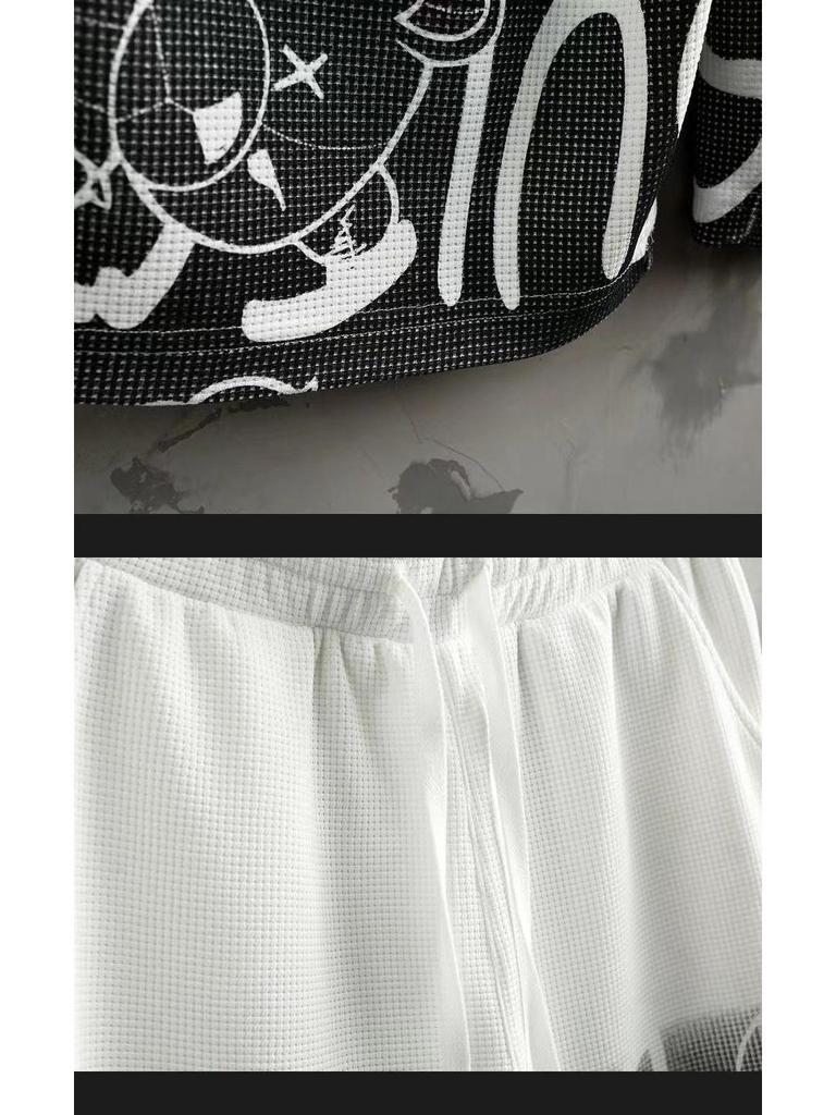 Мужской летний вафельный костюм из ледяного шелка, состоящий из двух частей, в стиле кэжуал - футболка с коротким рукавом и шорты