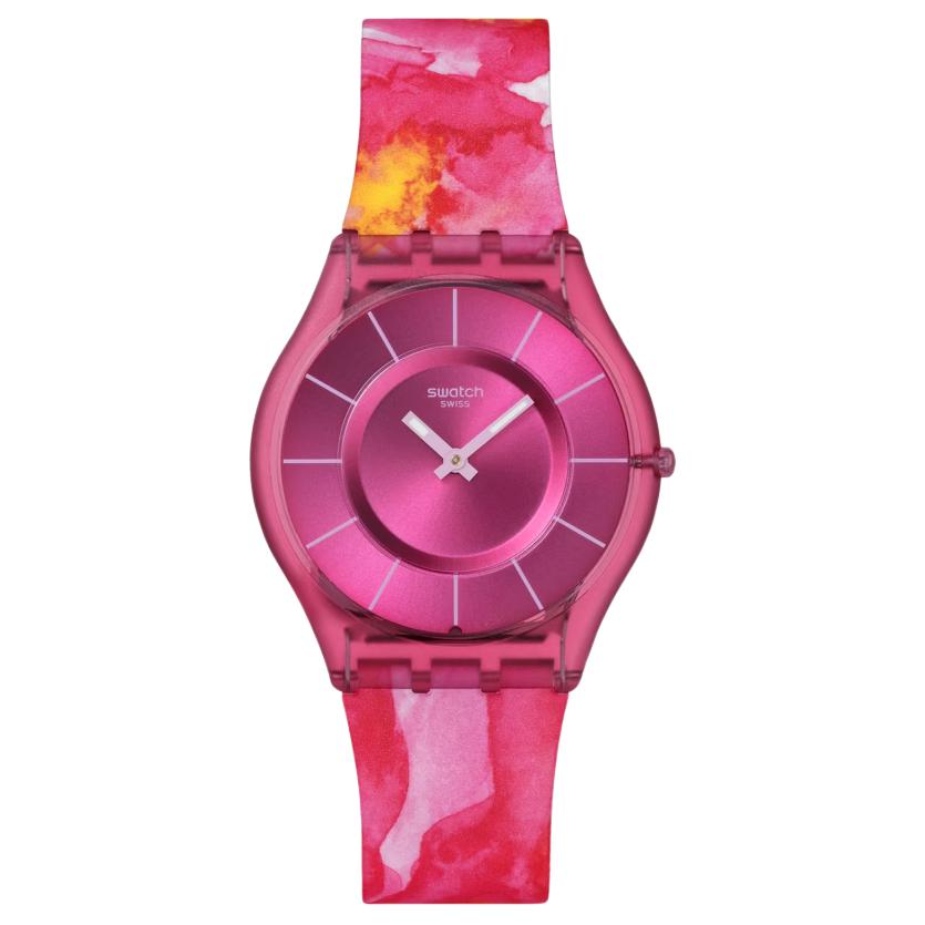 Swatch Серия PAINTED PARADISE кварцевый механизм 30 метров водонепроницаемые унисекс швейцарские часы 34 мм розовый циферблат корпус из биоисточника силиконовый ремешок SS08P113
