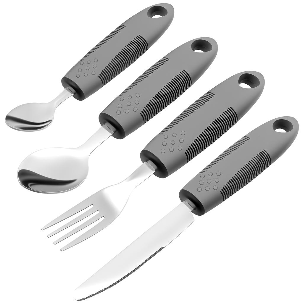 4 шт. Столовые приборы для пожилых людей Адаптивные столовые приборы с увеличенной ручкой Нескользящая ложка Вилка для людей с ограниченными возможностями Набор для пожилых людей Серебряные приборы для страдающих болезнью Паркинсона